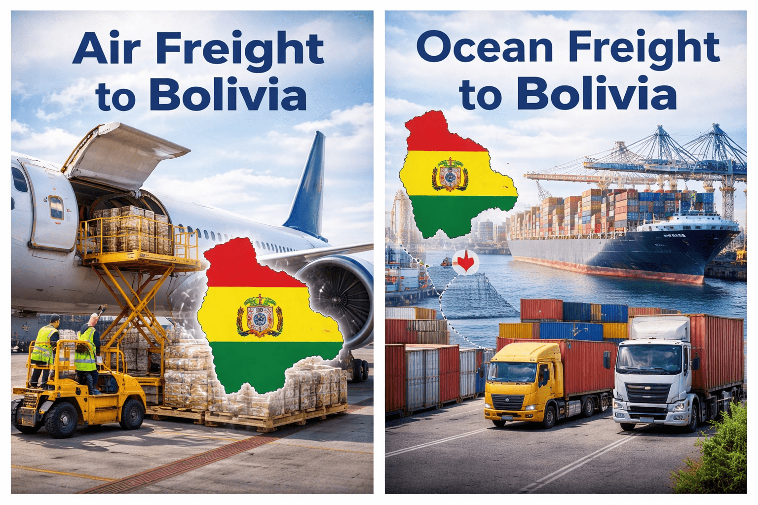 Container ship and logistics routing for ocean freight shipments to Bolivia via Chile or Peru